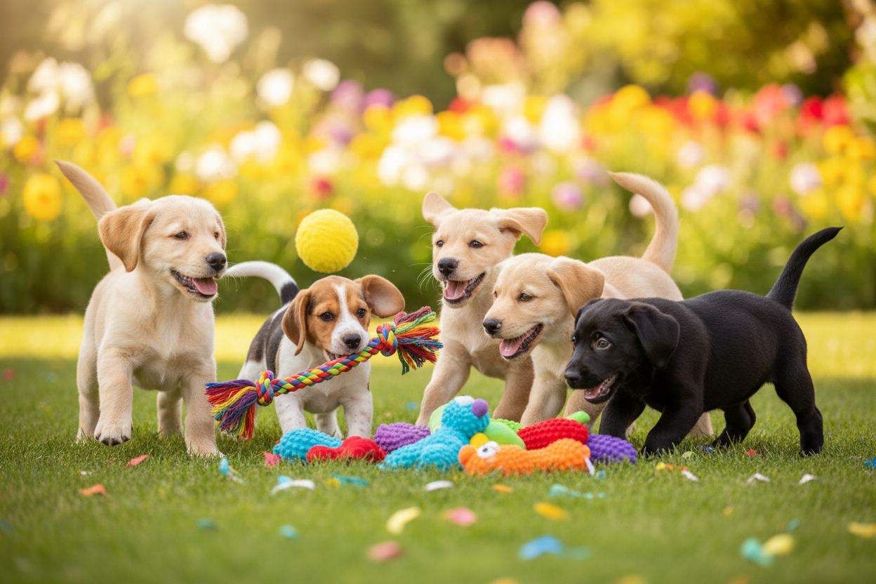 perritos muy felices con juguetes